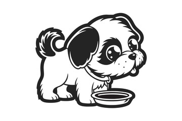 Cartoon Puppy near Bowl. Pet Dog Icon Illustration. on White Background