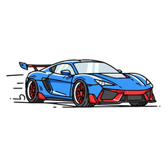 Racing car vector, Modern Sports Car in Comic Style, Dynamic Race Car Isolated on White, spoiler and sleek lines, ideal for kids' products, games, or racing themes.