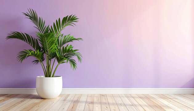 A potted areca palm plant sits against a light purple wall with a wooden floor, bathed in soft sunlight.