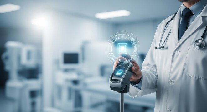 Doctor using biometric scanner with digital interface in medical facility technology