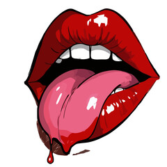 Vector art of closeup of a womans red lips with her pink tongue sticking out, isolated on a transparent background, conveying sensuality and desire