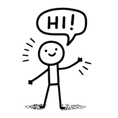 Vector art of a simple, handdrawn stick figure waving and saying hi in a speech bubble, isolated on a transparent background