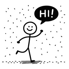 Vector art of a simple stick figure character with a smiley face waves hello with a speech bubble saying hi, isolated on a transparent background with scattered dots © Morning Dew