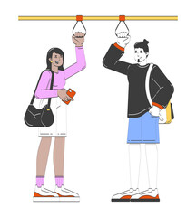 Commuters standing and holding subway handles in public transit doodle cartoon illustration. Young man, woman metro commute 2D flat characters isolated on white. Doodleart hand-drawn drawing colorful