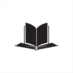 Simple graphic illustration of an open book with dark filled pages against a plain white background.