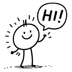 Vector art of a simple, cheerful cartoon character with a smiley face and stick arms and legs, waving and saying hi in a speech bubble