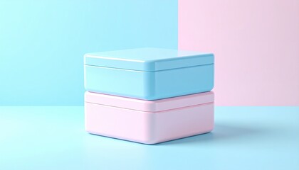 Two pastel colored boxes, pink and blue, are stacked against a split pink and blue background. Soft lighting and rounded edges give it a smooth appearance