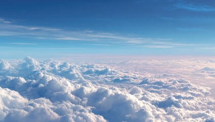 Naklejka premium Vast expanse of fluffy white clouds against a vibrant blue sky. A high-altitude view of a cloud layer