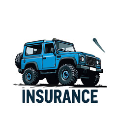 Vector art of blue offroad vehicle with large tires and spare tire on the back, symbolizing insurance and protection