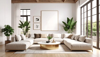 Fototapeta premium Bright Modern Living Room with Large Sectional Sofa, Artwork, and Lush Green Plants
