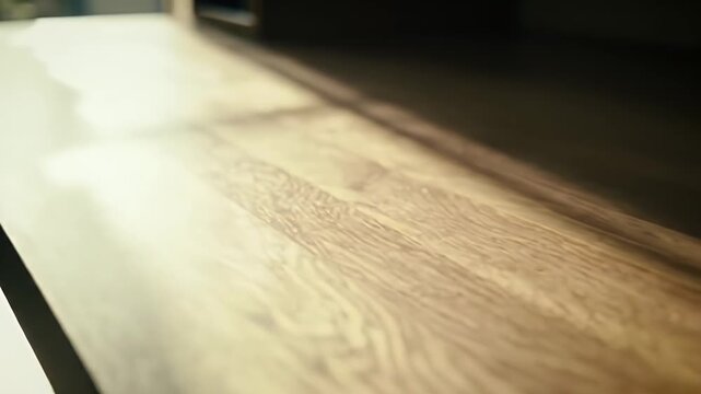 Close Up of Smooth Wooden Table Surface with Natural Grain Texture in Warm Light