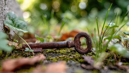 Rusty key rests on mossy ground, surrounded by greenery