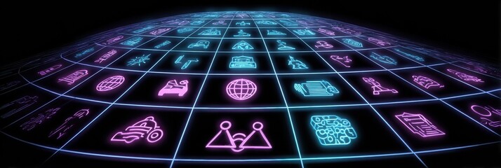 Digital Grid Displaying Various Colorful Icons Representing Technology, Science, and Communication in a Futuristic Design
