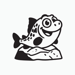 A trout is sitting on a rock and has thick black lines and bold outlines. 