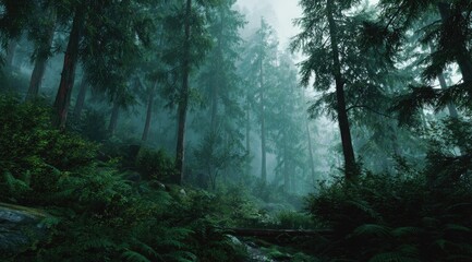 Obraz premium Misty forest scene. Lush greenery, tall trees