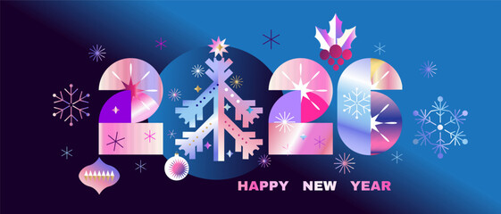 Merry Christmas and Happy New Year 2026 art holiday abstract background template neon gradient  bauhaus design with Gifts, ball toy, christmas tree,  Modern Xmas flat vector illustration
