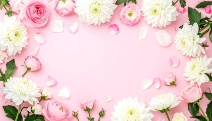 Delicate Floral Frame: Pink Roses and White Dahlias on Pastel Background