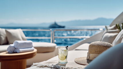 Luxury yacht cruising in open sea on clear summer day