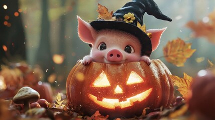 A cute pig wearing a witch hat, peeking out from a carved pumpkin with a jack-o'-lantern face, surrounded by autumn leaves and mushrooms in a forest setting.