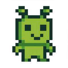 Fototapeta premium Cute Pixel Alien Character in Green Pixels on Black Background