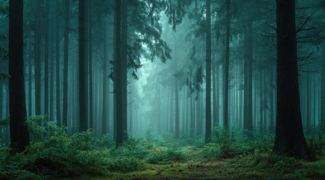 Misty, dark forest path - Powered by Adobe