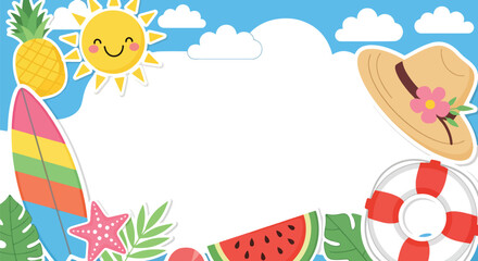 Adobe Illustrator artwork flat style illustration of summer frame with pineapple, watermelon, surfboard, sun, lifebuoy, starfish, and tropical leaves, perfect for holiday invitations, posters