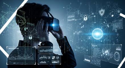 Person using vr headset surrounded by digital interfaces and security icons in a futuristic setting
