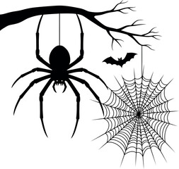Giant black spider and bat dangling from a tree branch with cobweb for halloween celebration vector