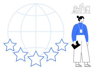 Professional evaluating global excellence with a translucent globe, five stars, documents, and urban buildings. Ideal for quality assurance, international business, feedback, global rating