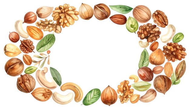 Watercolor nuts and leaves border