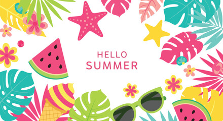 Adobe Illustrator artwork flat style illustration of tropical summer background with watermelon, ice cream, sunglasses, flowers, palm leaves, and starfish surrounding Hello Summer text for seasonal