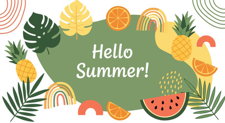 Adobe Illustrator artwork flat style illustration of tropical summer frame with pineapple, watermelon, orange slices, palm leaves, and rainbow shapes surrounding Hello Summer text for seasonal designs