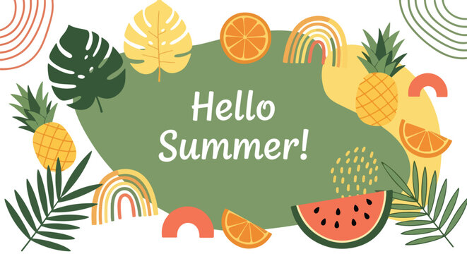 Adobe Illustrator artwork flat style illustration of tropical summer frame with pineapple, watermelon, orange slices, palm leaves, and rainbow shapes surrounding Hello Summer text for seasonal designs