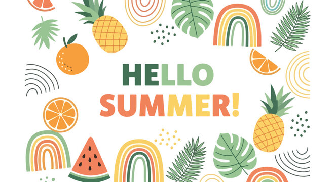 Adobe Illustrator artwork flat style illustration of tropical summer frame with pineapple, watermelon, orange slices, palm leaves, and rainbow shapes surrounding Hello Summer text for seasonal designs