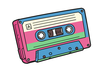 A colorful cartoon cassette tape with an A and two reels