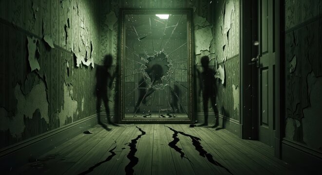 Haunted hallway with a shattered mirror reflecting ghostly figures in an eerie setting - Powered by Adobe