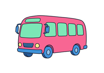 A pink bus with blue wheels and green windows on a white background