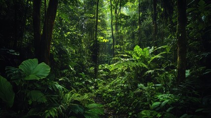 Fototapeta premium Lush green tropical rainforest foliage fills a dense, sunlit woodland pathway.