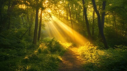 Obraz premium Golden sunlight streams through a verdant forest, illuminating a pathway.
