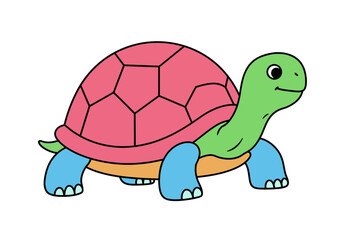 Cartoon turtle with pink shell green head blue feet yellow underbelly
