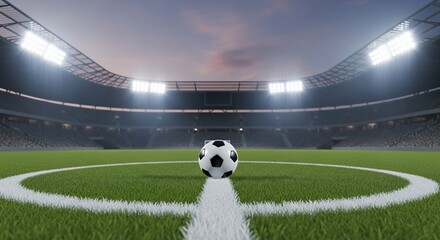 A soccer ball on the center line of a pristine grass pitch in a large, empty stadium under bright floodlights at dusk.