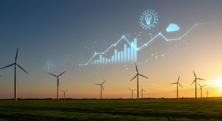 Sustainable Energy Future: A Digital Art Render of a Serene Countryside Sunset with Modern Wind Turbines, Overlaid with a Glowing Analytics Graph Showing Renewable Power Generation, Eco-Tech Icons, an