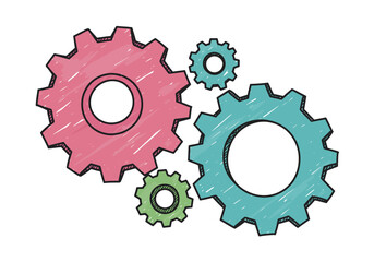 Four interlocking gears in pink blue and green with a black outline