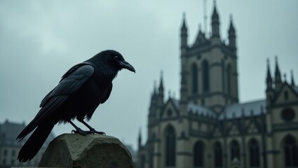 A solitary black raven perches on a stone in front of a gothic cathedral