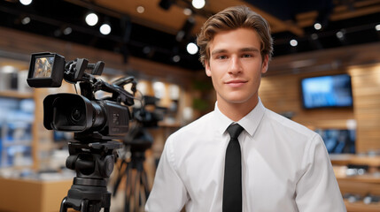 A marketing intern films a promotional video in a studio with cameras on tripods lights glaring product displays arranged and a director giving cues presented in a professional