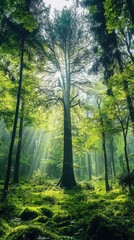 Obraz premium Sunlight streams through a lush green forest, illuminating a towering tree amidst a carpet of moss.