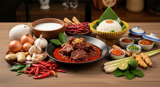 Authentic food of Indonesian rendang with rich spices