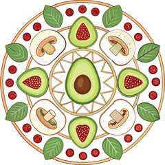 Avocado and strawberry combined mandala design use mushroom element round model
