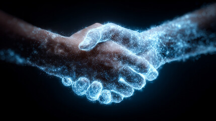 A modern digital handshake formed by glowing blue lines and energy streams, symbolizing trust, partnership, technology, and futuristic business collaboration in a connected digital world.