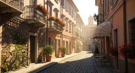 Obraz premium Charming cobblestone street with sunlit Italian buildings and blooming flowers